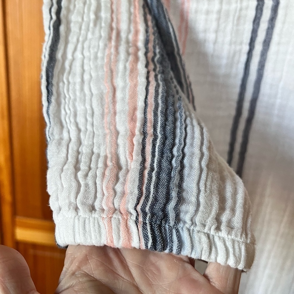 Beach Lunch Lounge Medium Cotton Pastel Stripe Neutral Shirt Coastal Casual Soft - Picture 5 of 9